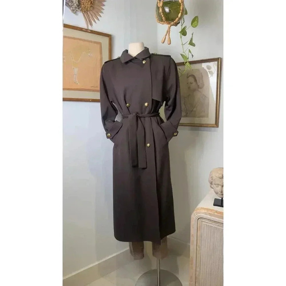 Vintage Larry Levine Gold Button Double-Breasted Brown 80s Trench Coat Size 4 - Picture 4 of 8